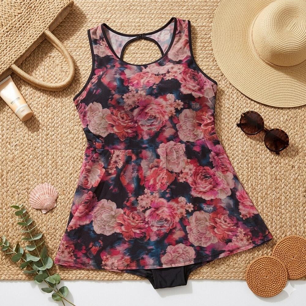 Torrid Dark Floral Mesh Overlay Swim Dress One-Piece Swimsuit SZ 2 DD/F Plus Sz